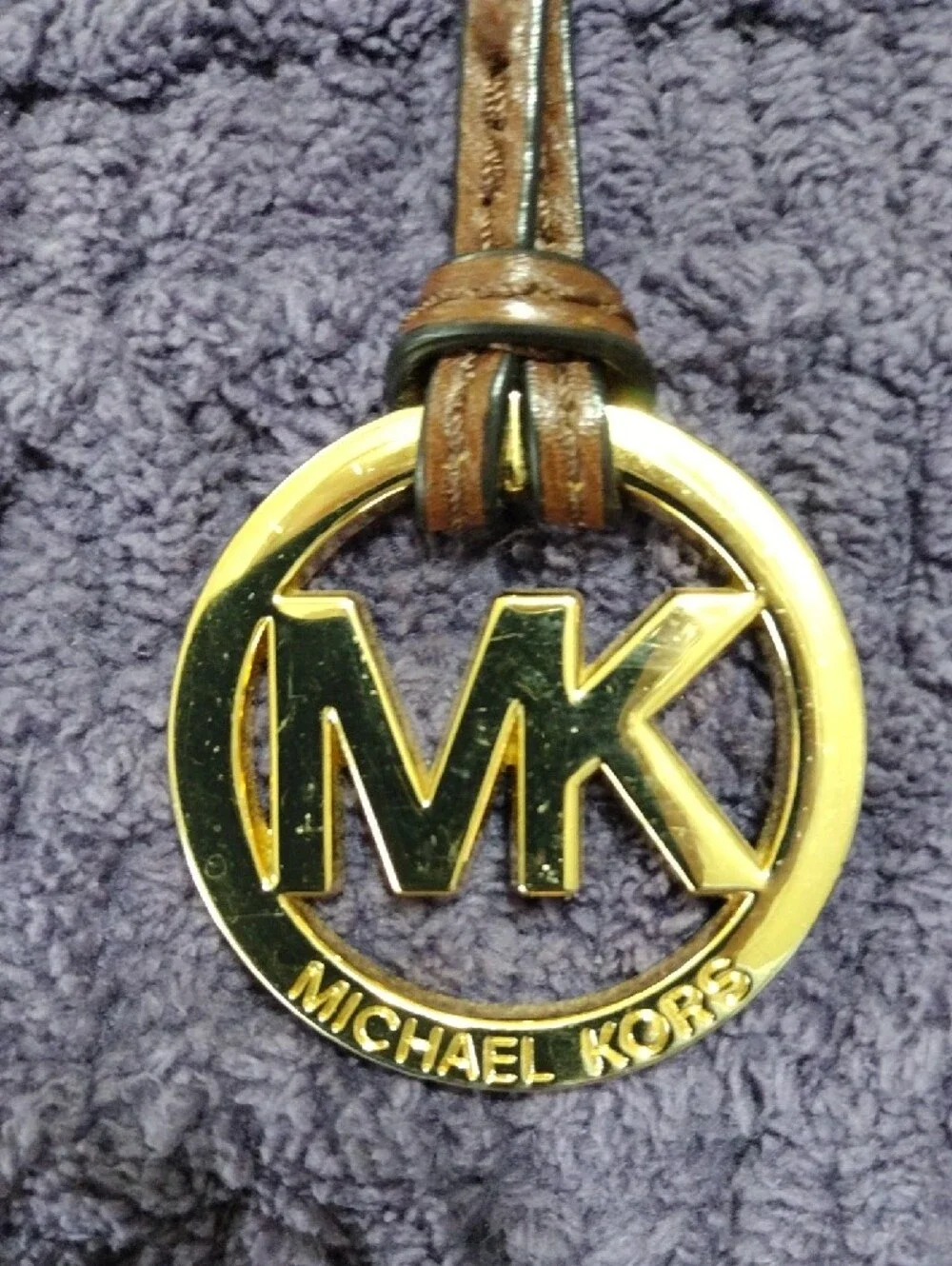 Michael Kors Brown Leather Strap Keyring with Gold MK Logo